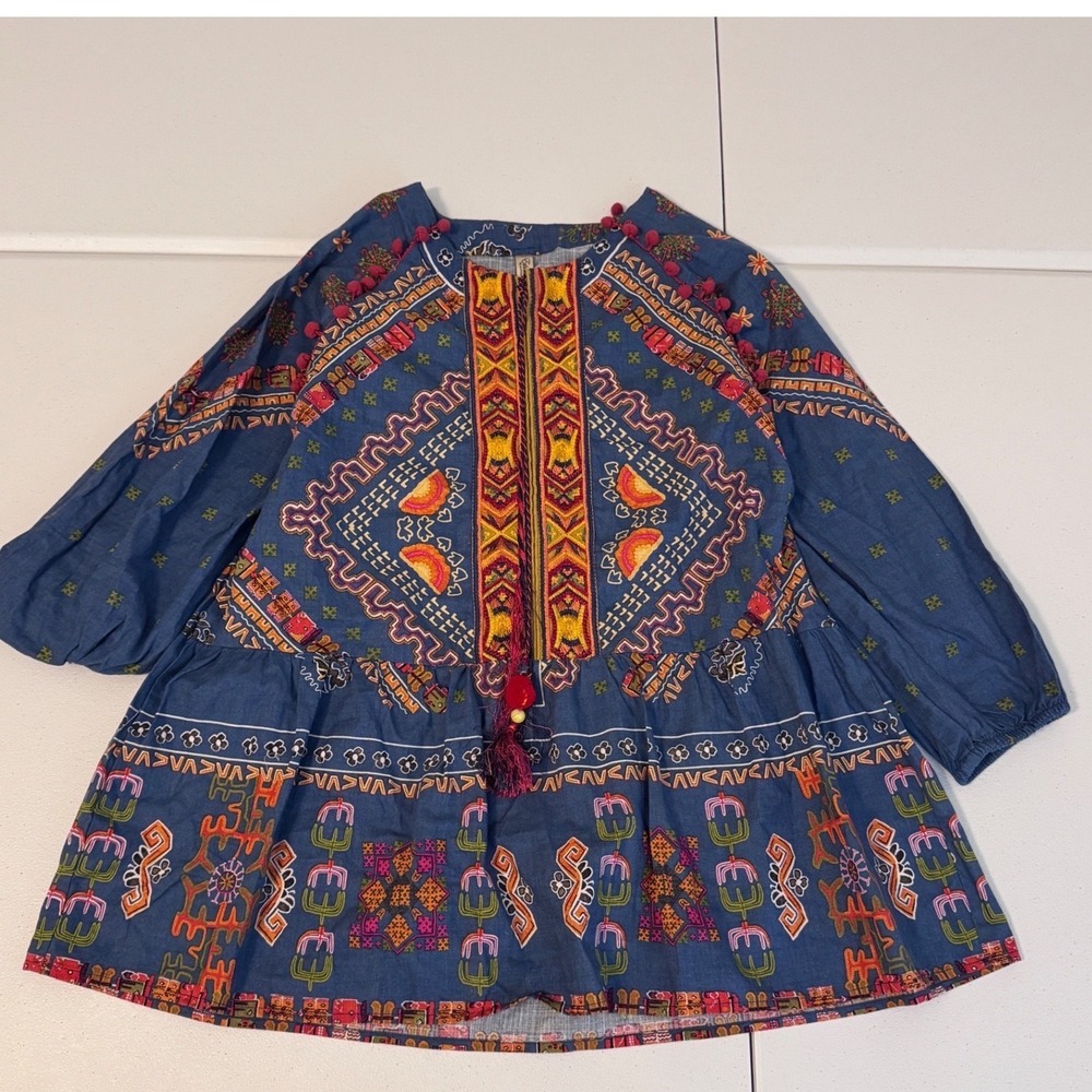 Ethnic by Outfitters Blue Embroidered Tribal Print Cotton Tunic Top XS gf